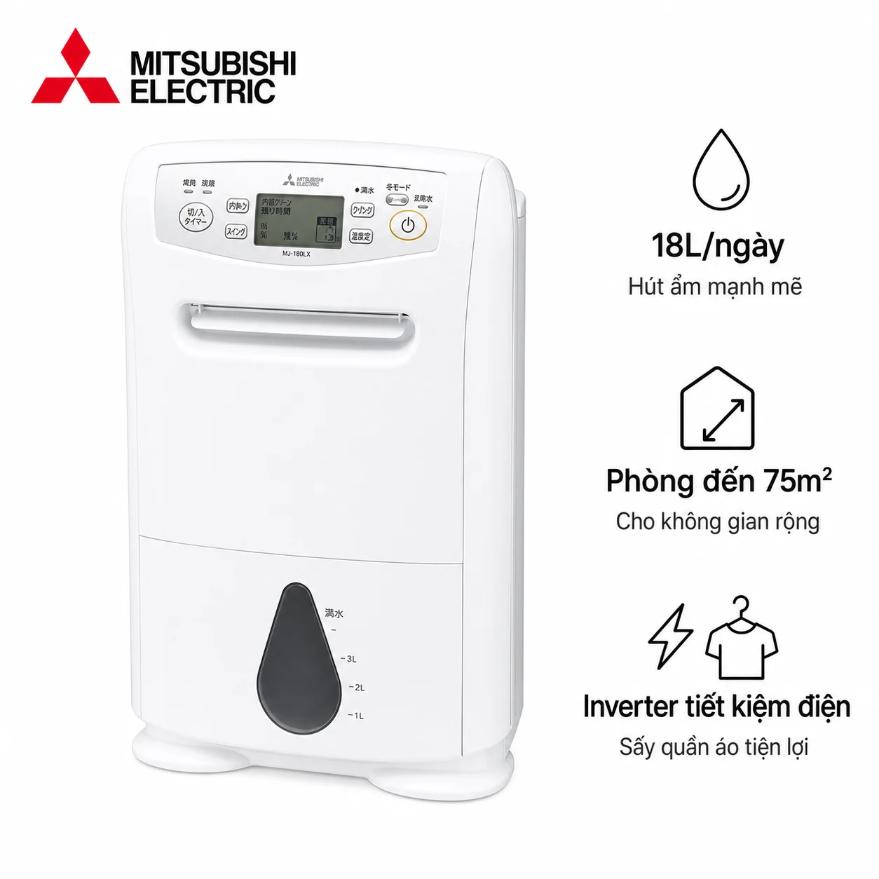 Máy hút ẩm Mitsubishi MJ-P180VX hút ẩm 18L/ngày