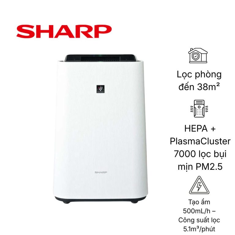 Máy lọc không khí Sharp KC-S50-W mới date 2025 tích hợp HEPA và PlasmaCluster 7000 giúp lọc bụi mịn PM2.5, tạo ẩm tự nhiên và làm sạch không khí cho phòng đến 38m².