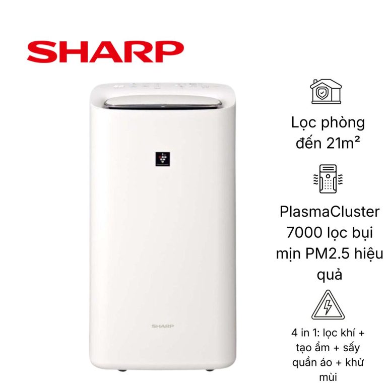 Máy lọc không khí Sharp KI-RD50-W 4 in 1 nội địa Nhật tích hợp lọc khí, hút ẩm, tạo ẩm và sấy quần áo với công nghệ PlasmaCluster 7000 giúp lọc bụi mịn PM2.5 hiệu quả.