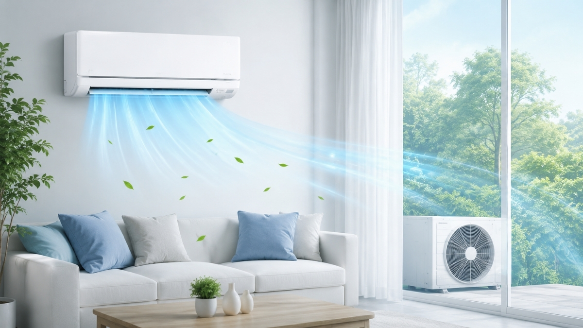 Điều hòa Mitsubishi MSZ-GV2225-W 9000BTU thiết kế hiện đại, làm lạnh nhanh, vận hành êm ái và tiết kiệm điện. Hình ảnh mô phỏng không gian phòng khách mát lạnh, luồng gió dễ chịu mang lại cảm giác thư giãn và thoải mái cho gia đình.