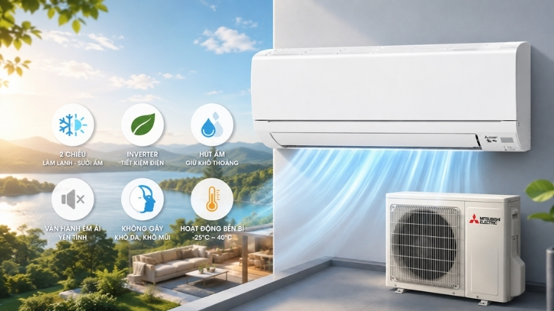 Hình ảnh điều hòa Mitsubishi MSZ-GV4025-W 16000BTU inverter 2 chiều nội địa Nhật nổi bật với khả năng làm lạnh nhanh, sưởi ấm hiệu quả, hút ẩm chống khô và vận hành êm ái cho không gian 25–30m2.