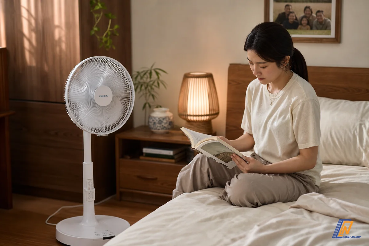Quạt Jisuhome MH-F2601-W đặt trong phòng ngủ gia đình