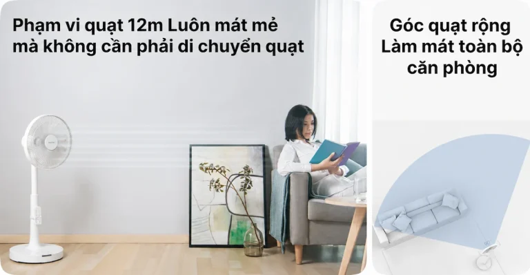 Quạt đứng JISUHOME MH-F2601-W có phạm vi làm mát 12m và góc quạt rộng, giúp làm mát toàn bộ căn phòng