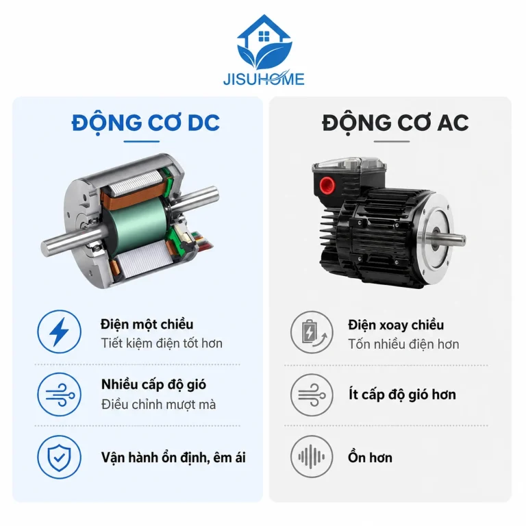 So sánh động cơ DC và AC trên quạt JISUHOME MH-F2601-W giúp tiết kiệm điện và vận hành êm ái