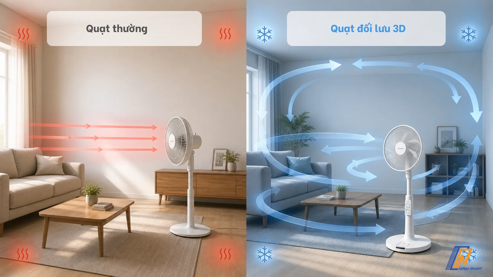 So sánh quạt thường và quạt đối lưu 3D Jisuhome
