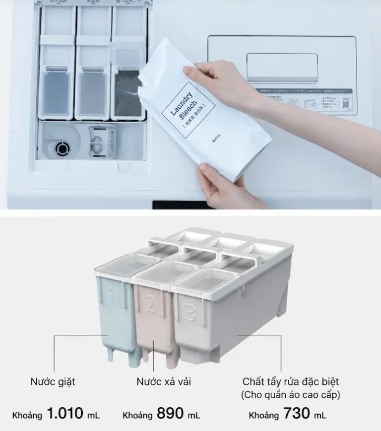 3 ngăn tự động trên máy giặt Panasonic NA-LX125EL-W cho nước giặt, nước xả vải và chất tẩy rửa đặc biệt