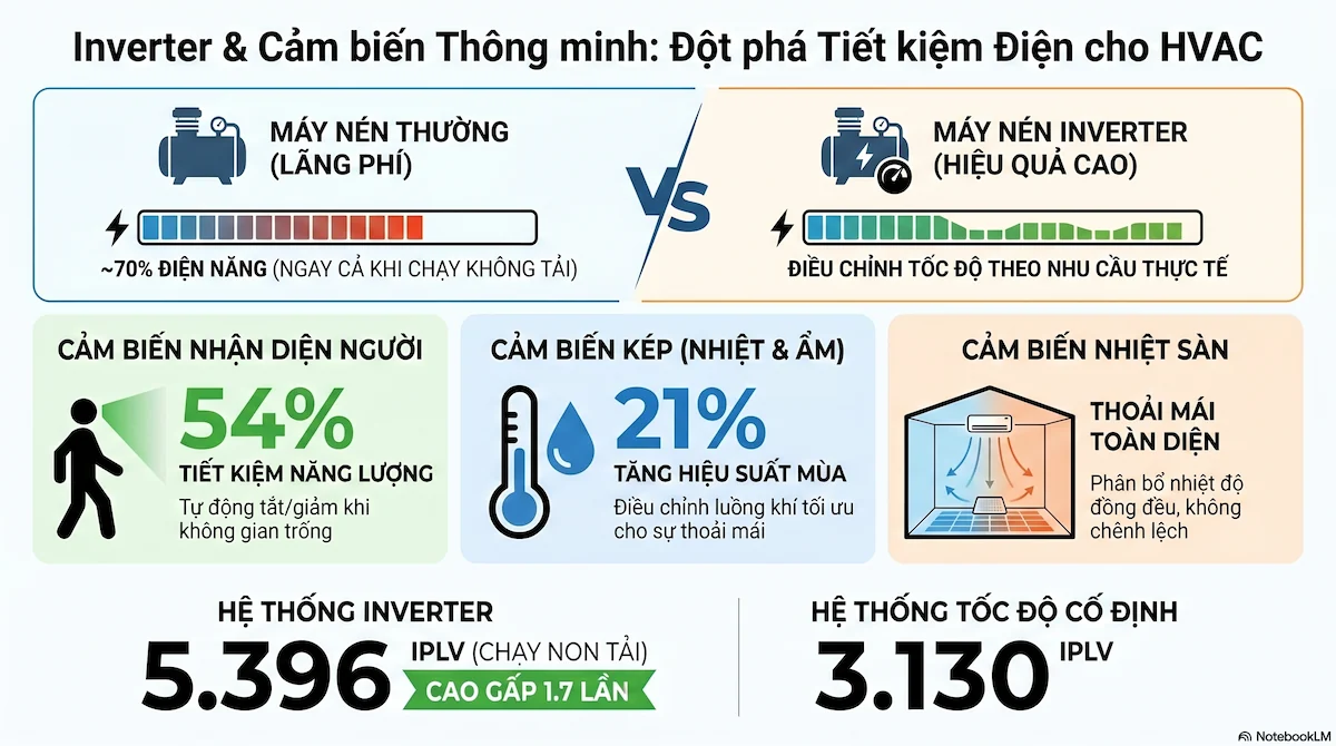 Biểu đồ so sánh mức tiêu thụ điện giữa điều hòa Inverter và điều hòa thường trong mùa nắng nóng.