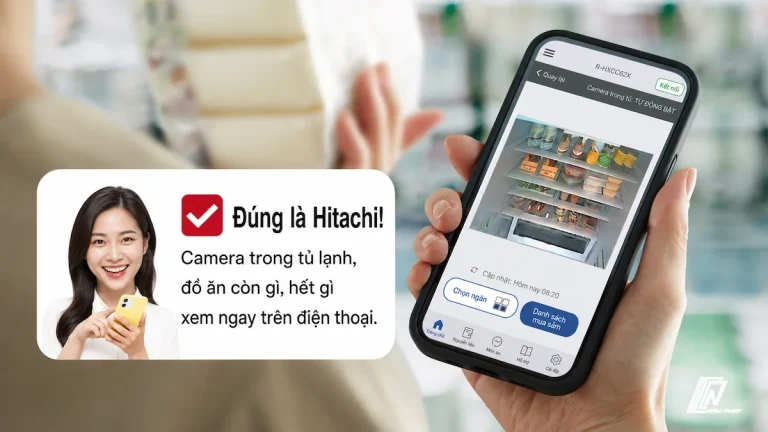 Ảnh minh họa camera bên trong khoang tủ và giao diện màn hình ứng dụng trên Smartphone