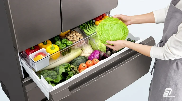 Ảnh ngăn kéo rau củ đầy ắp rau xanh, ớt đà lạt và trái cây tươi mọng