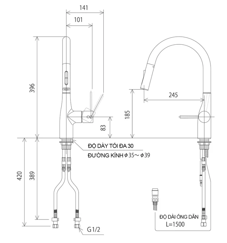 Bản vẽ kích thước kỹ thuật vòi rửa bát KVK KM6061EC