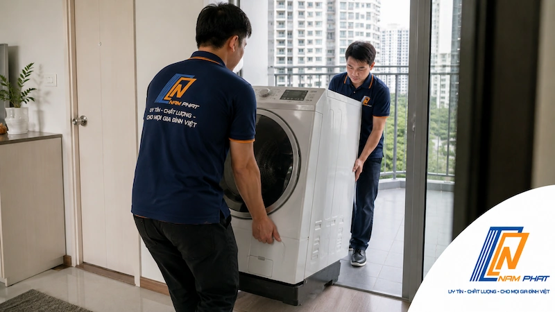 Ảnh thợ kỹ thuật đang vận chuyển máy giặt vào căn hộ chung cư