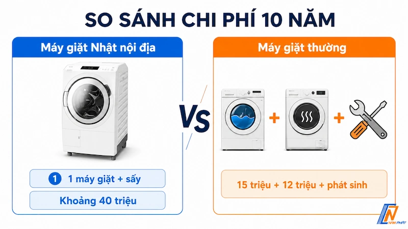 So sánh tổng chi phí 10 năm giữa máy giặt Nhật nội địa và máy giặt Việt Nam kèm máy sấy.
