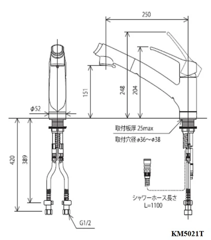 Bản vẽ kỹ thuật vòi rửa bát KVK KM5021T - kích thước lắp đặt chi tiết