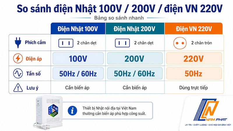 Bảng so sánh điện Nhật 100V, 200V và điện Việt Nam 220V về điện áp, tần số và loại ổ cắm.
