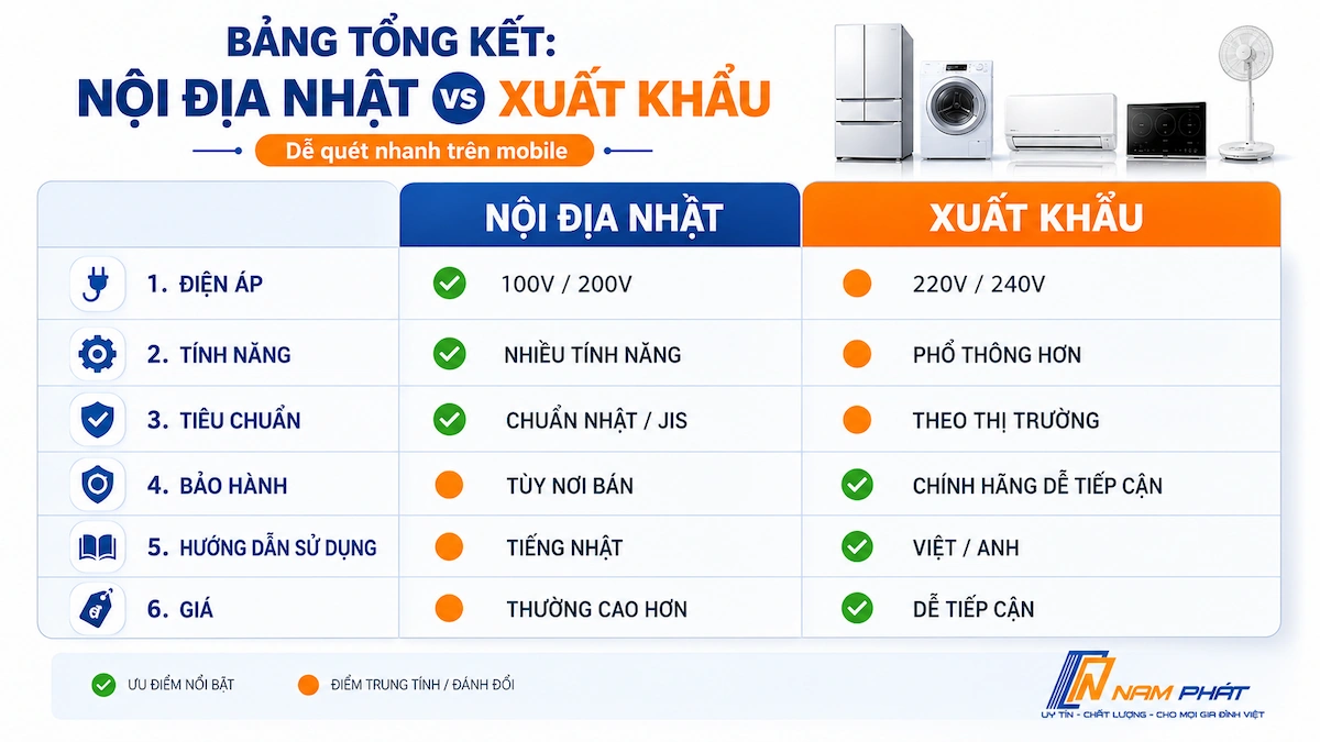 Bảng tổng kết so sánh hàng Nhật nội địa và xuất khẩu theo 6 tiêu chí để lựa chọn phù hợp.