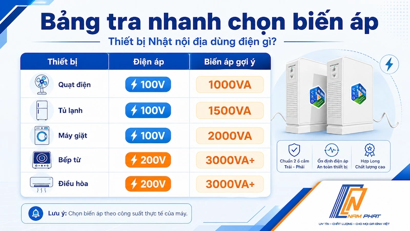 Bảng tra công suất biến áp cần dùng cho từng loại thiết bị Nhật nội địa tại Việt Nam.