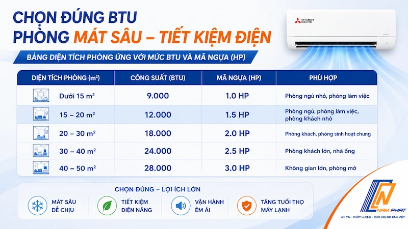 Bảng tra công suất BTU điều hòa theo diện tích phòng.