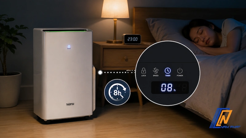 Cài đặt chức năng hẹn giờ tắt (Timer) trên máy hút ẩm Taijutsu khi sử dụng ban đêm