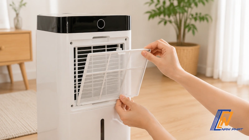 Tháo màng lọc bụi phía sau máy hút ẩm Jisuhome ra để làm sạch bụi bẩn