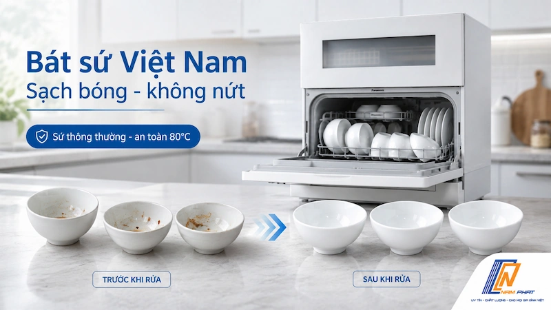 Bát sứ Việt Nam sau khi rửa bằng máy rửa bát Nhật nội địa - sạch và nguyên vẹn.