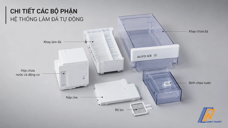 Chi tiết các bộ phận tháo rời của hệ thống làm đá tự động trong tủ lạnh