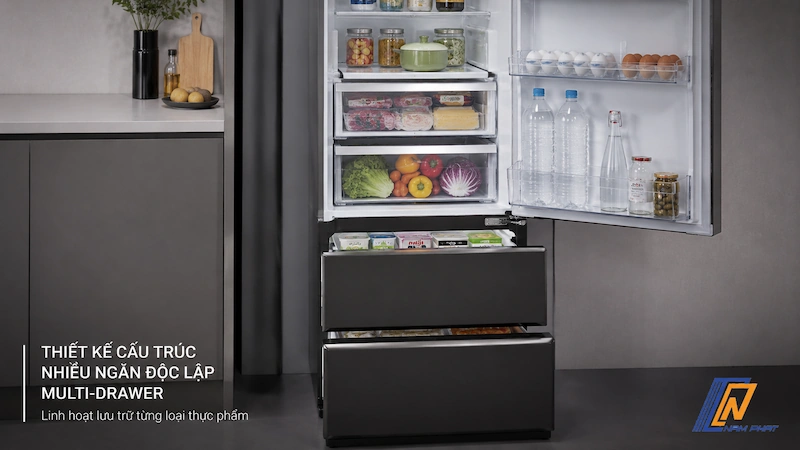 Thiết kế cấu trúc nhiều ngăn độc lập Multi-Drawer bên trong tủ lạnh Mitsubishi