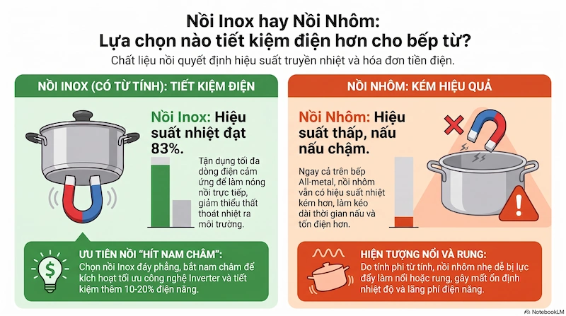 So sánh mức tiêu hao điện năng khi đun nồi nhôm và nồi inox