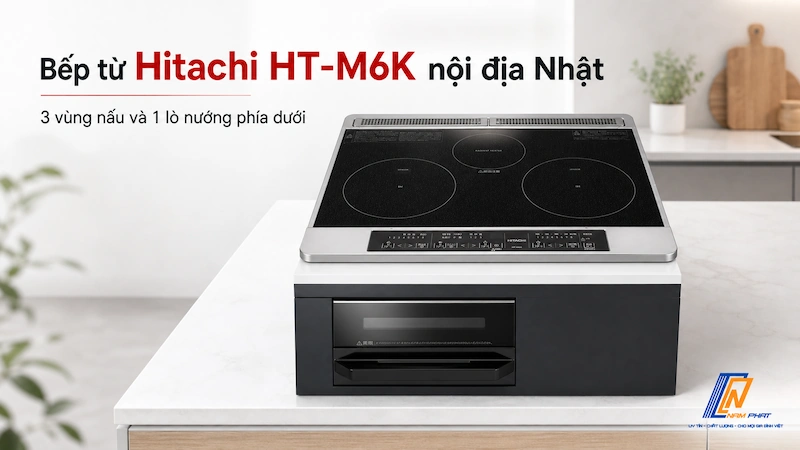 Bếp từ Hitachi HT-M6K nội địa Nhật - 3 vùng nấu và 1 lò nướng phía dưới