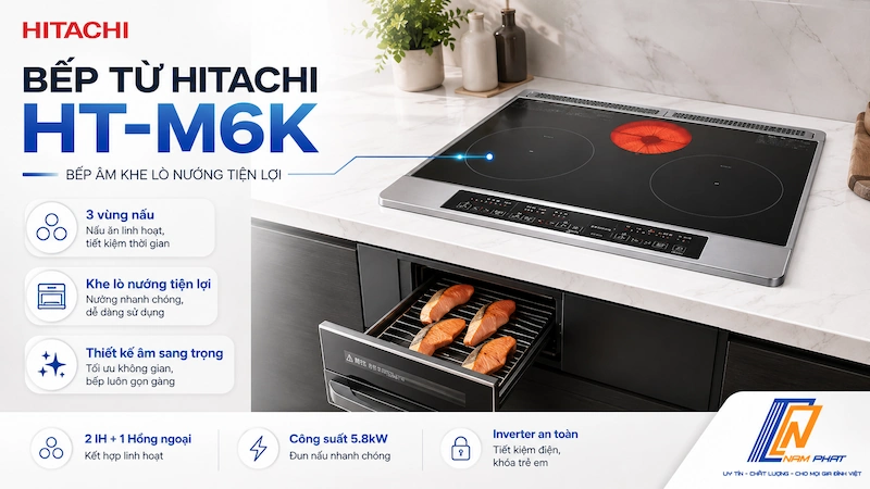 Bếp từ Hitachi HT-M6K với ba vùng nấu và lò nướng phía dưới.