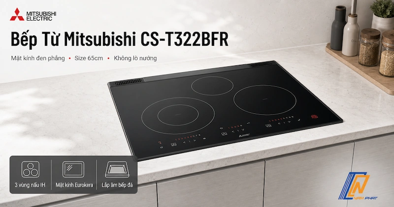 Bếp từ Mitsubishi CS-T322BFR mặt kính đen phẳng không lò nướng size 65cm