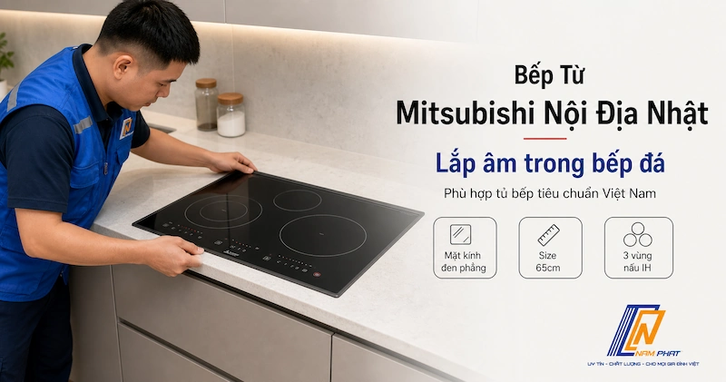 Bếp từ Mitsubishi nội địa Nhật lắp âm trong bếp đá - phù hợp tủ bếp tiêu chuẩn Việt Nam
