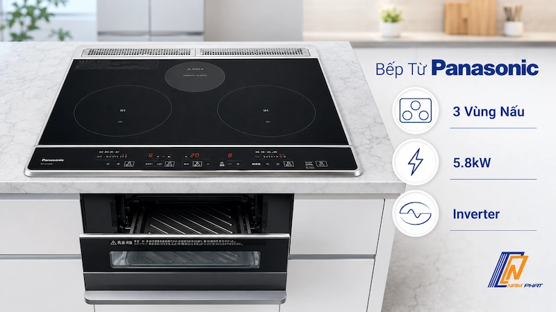 Bếp từ Panasonic ba vùng nấu kèm lò nướng công suất 5.8kW.
