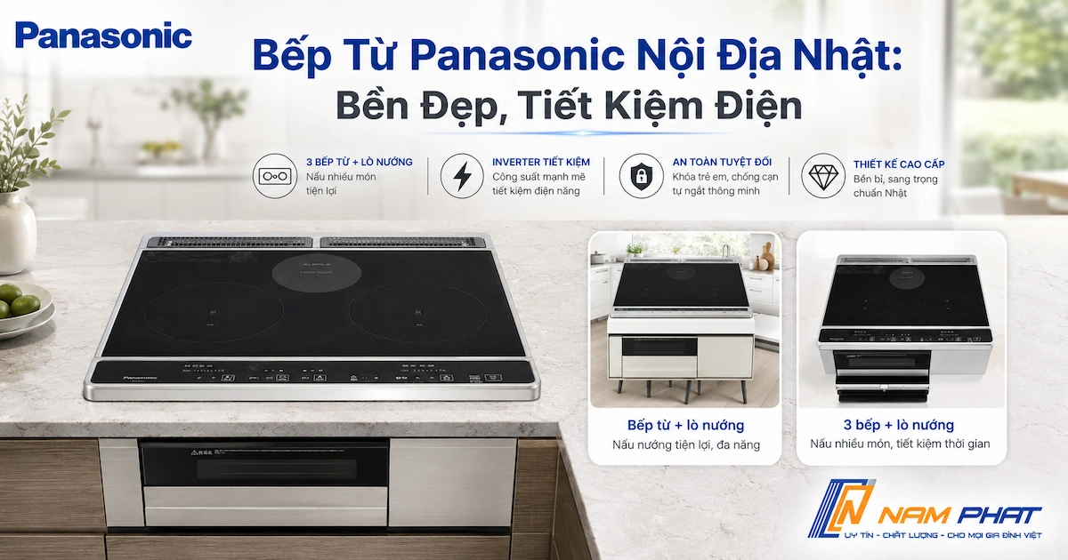 Bếp từ Panasonic nội địa Nhật chính hãng ba vùng nấu có lò nướng.