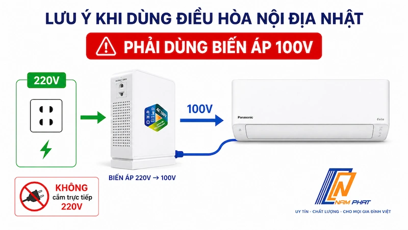 Biến áp đổi nguồn 220V sang 100V bắt buộc khi lắp điều hòa Nhật nội địa tại Việt Nam.