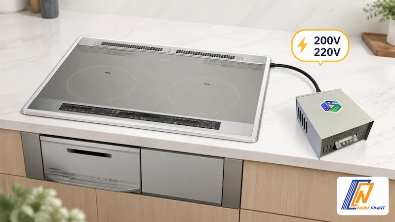 Lắp bếp từ Hitachi 200V qua biến áp Hợp Long khi dùng điện 220V tại Việt Nam.