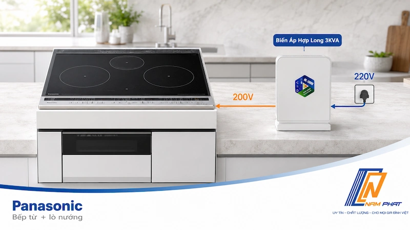Lắp bếp từ Panasonic 200V qua biến áp Hợp Long khi dùng điện 220V tại Việt Nam.