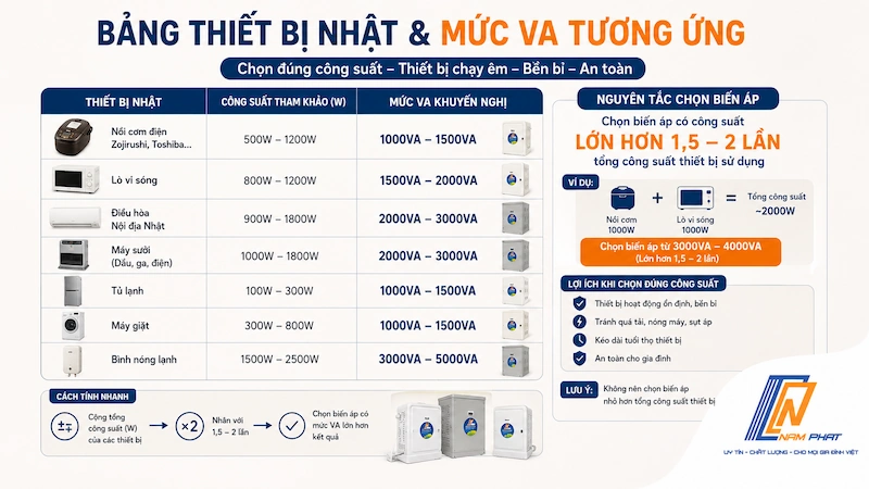 Hướng dẫn chọn công suất biến áp Hợp Long cho thiết bị nội địa Nhật.