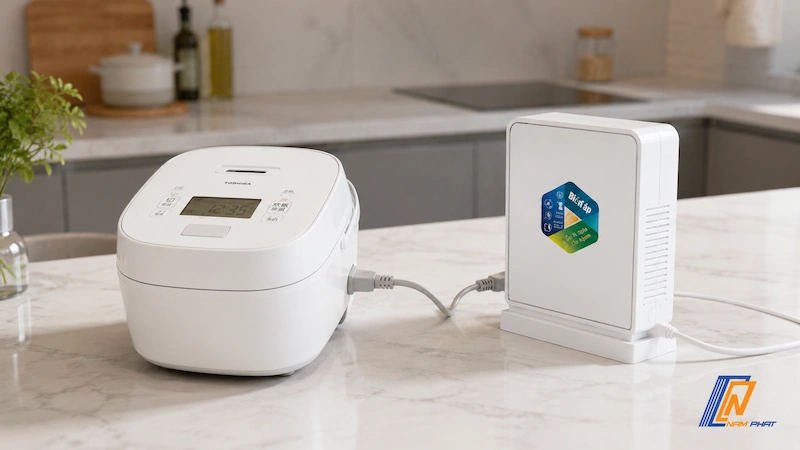 Biến áp Hợp Long kết nối nồi cơm Nhật nội địa 100V tại Việt Nam.