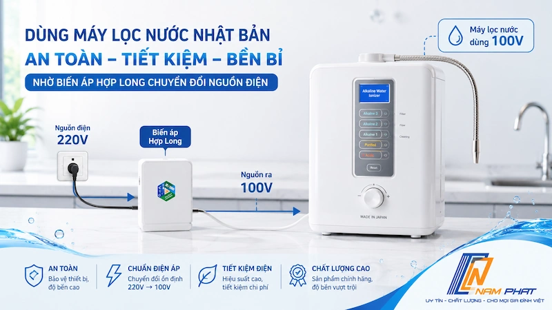 Lắp máy lọc nước Nhật nội địa qua biến áp Hợp Long khi dùng điện 220V tại Việt Nam.
