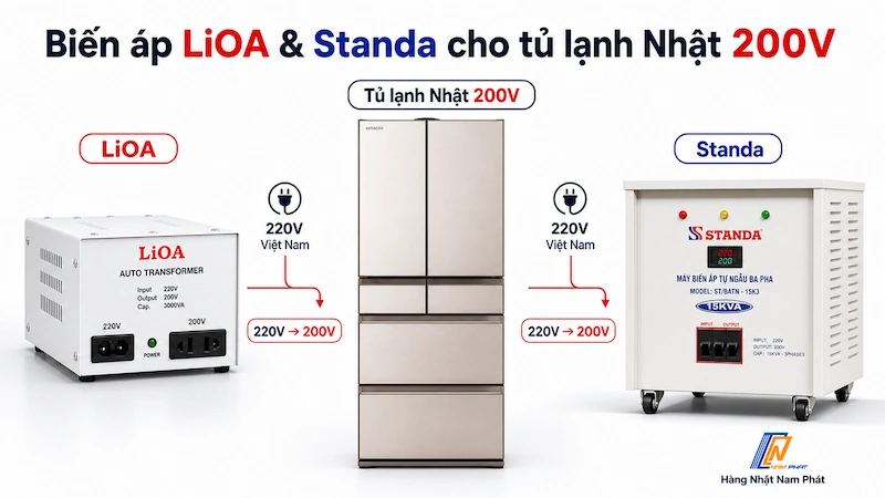 Biến áp Lioa và Standa dùng cho tủ lạnh Nhật nội địa 200V