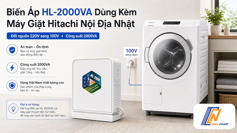 Biến áp HL-2000VA dùng kèm máy giặt Hitachi nội địa Nhật tại Việt Nam
