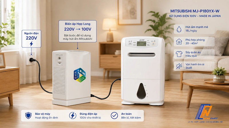 Biến áp đổi nguồn 220V sang 100V dùng cùng máy hút ẩm Mitsubishi nội địa Nhật.