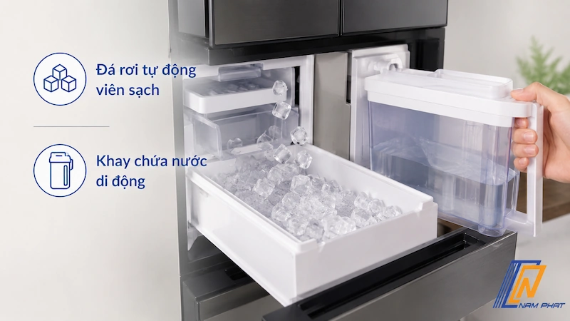 Ngăn làm đá tự động đá rơi viên sạch và khay chứa nước di động