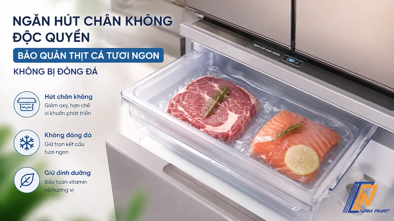 Ngăn hút chân không độc quyền bảo quản thịt cá tươi ngon không bị đông đá