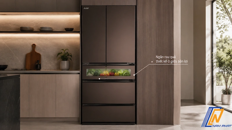 Ngăn rau quả thiết kế ở giữa tiện lợi của dòng tủ lạnh Hitachi K