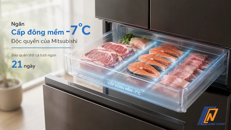 Ngăn cấp đông mềm -7 độ C độc quyền của Mitsubishi bảo quản thịt cá 21 ngày