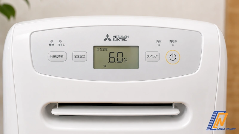 Bảng điều khiển và màn hình hiển thị độ ẩm của máy hút ẩm Mitsubishi dòng MJ