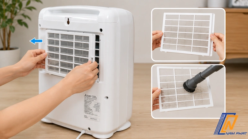 Hướng dẫn tháo màng lọc bụi phía sau máy hút ẩm Mitsubishi để hút bụi vệ sinh định kỳ