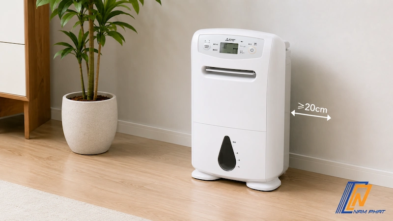 Đặt máy hút ẩm Mitsubishi cách tường tối thiểu 20cm để không khí lưu thông tốt
