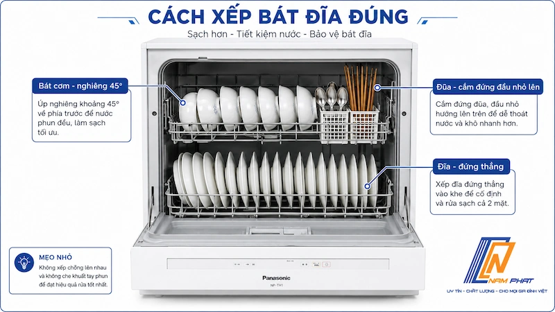 Hướng dẫn cách xếp bát cơm, đũa và đĩa Việt Nam đúng cách vào máy rửa bát Nhật nội địa.